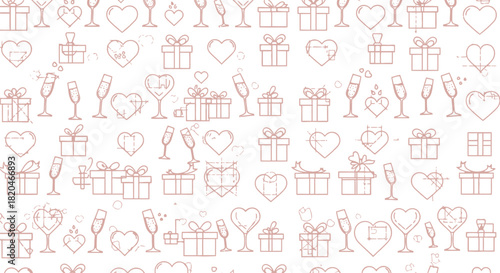 Seamless pattern of hand drawn hearts and champagne glasses with gift boxes perfect for celebrations and romantic themes