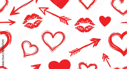 Seamless pattern of red hearts cupid arrows and lipstick kiss marks on a white background for valentine s day
