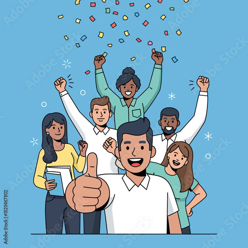 A diverse group of happy professionals celebrates their collective success with enthusiasm and falling confetti, depicted in a vibrant flat illustration style.