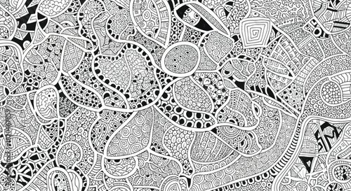 Intricate black and white abstract doodle art with organic shapes and repeating patterns filling the entire frame