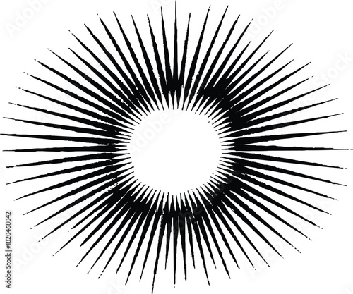 Circular radiating lines forming a symmetrical pattern. Black lines create a burst effect expanding from the center on a transparent background. Comic book explosion burst effect with graphic.