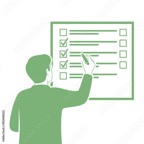 Illustration of a man in a green shirt marking items on a checklist on a board, signifying completion, progress, or task management in a business setting.