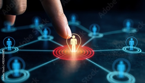 Hand touching glowing person icon in a digital network, symbolizing human resources and targeted selection, concept for talent acquisition, social networking, and business strategy.