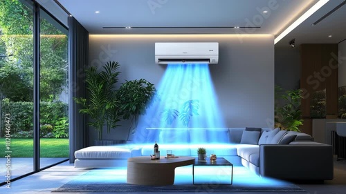 Modern smart home interior with air conditioner cooling the living room and projecting visible blue airflow, representing energy efficiency, comfort, climate control, advanced home technology design.