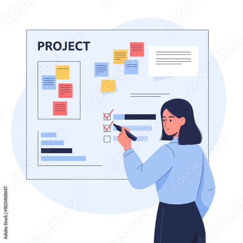 A focused businesswoman actively manages a project on a large whiteboard, marking tasks with a pen in a modern flat illustration style.