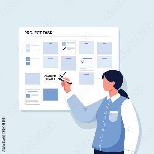 An organized professional meticulously checks off important milestones on a digital project task board, demonstrating effective workflow management.