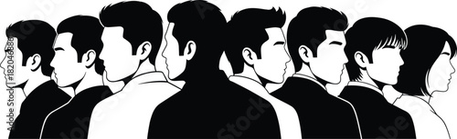Group of diverse people in profile silhouette illustration, lineup of male and female faces for teamwork, community, diversity, communication concepts