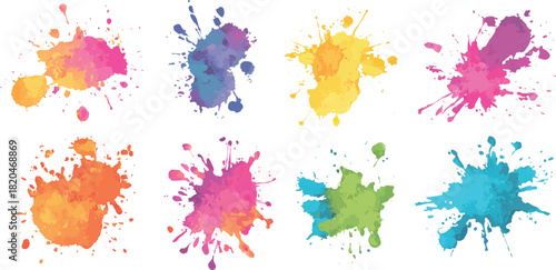 Colorful paint splashes on white background. Colorful watercolor paint splash stains set on a white background. Vibrant set of watercolor splash stains on a transparent background. 