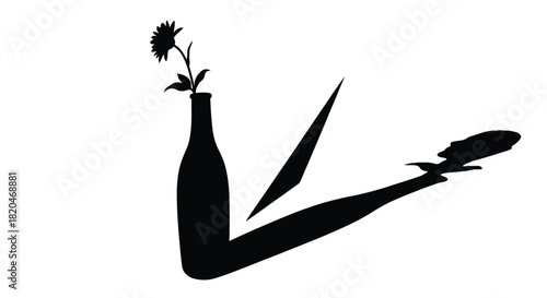 Black silhouette of a single flower in a bottle casting a long shadow on a white background