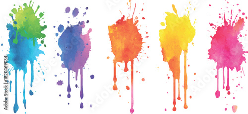 Colorful paint splashes on white background. Colorful watercolor paint splash stains set on a white background. Vibrant set of watercolor splash stains on a transparent background. 