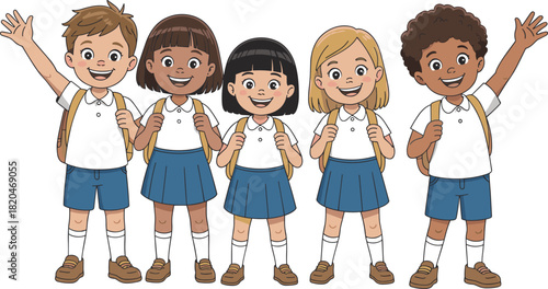 Happy diverse school children standing together in uniform, smiling with backpacks, cheerful students group illustration for education and learning themes