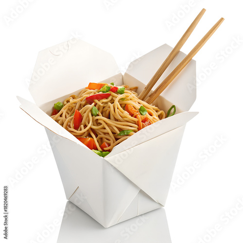Chinese Takeout Box Full of Lo Mein Noodles and Vegetables with Chopsticks