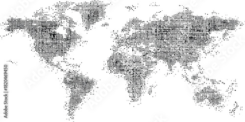 Halftone world map with dot pattern, dotted globe continents graphic. Dotted world map. Black vector illustration. 