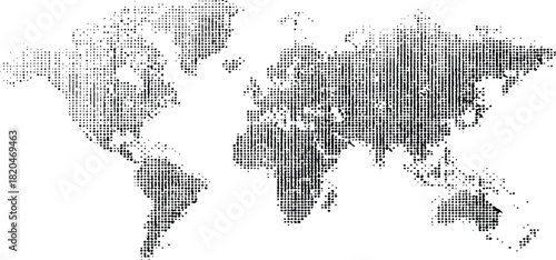 Halftone world map with dot pattern, dotted globe continents graphic. Dotted world map. Black vector illustration. 