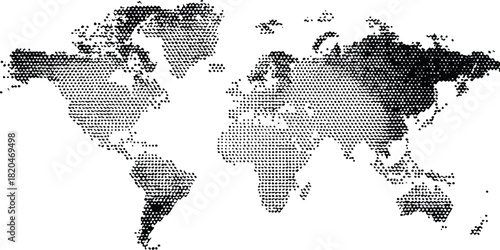 Halftone world map with dot pattern, dotted globe continents graphic. Dotted world map. Black vector illustration. 