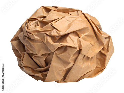 Crumpled Brown Kraft Paper Ball Texture Background Isolated Object