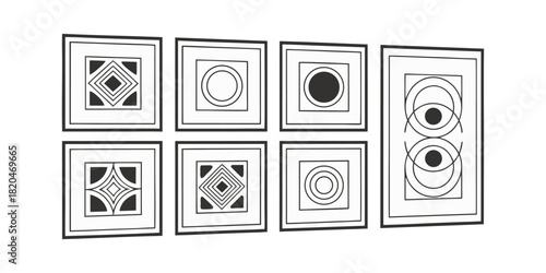 Collection of Framed Geometric Abstract Art Pieces on White Background Keywords: geometric art, abstract art, framed art, squares, circles
