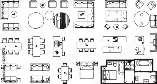 Architectural furniture plans and floor layout vector elements for interior design projects. isolated PNG with Transparent Background