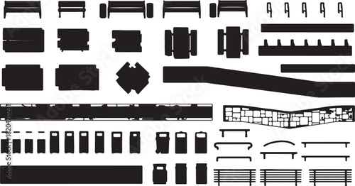 Top view vector set of street furniture, park benches, bins, and urban planning elements. isolated PNG with Transparent Background