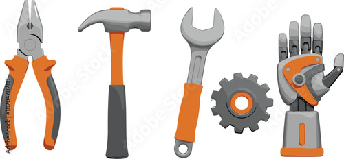 Mechanical, tools, illustration, pliers, hammer, wrench, gear, robotic, hand, technology, repair, equipment, industry, engineering, toolkit, maintenance, hardware, mechanic, device, vector