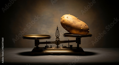 A single potato rests on a vintage brass scale.