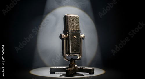 A classic vintage metal microphone under a single spotlight.