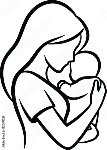 Mother lovingly holding baby in arms, symbolizing motherhood, care, affection, family love, parenting, bonding and nurturing maternal connection illustration