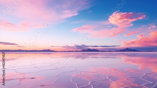 A stunning pink and purple sunset casts a magnificent reflection on a vast, dry salt flat with mountains in the distance.