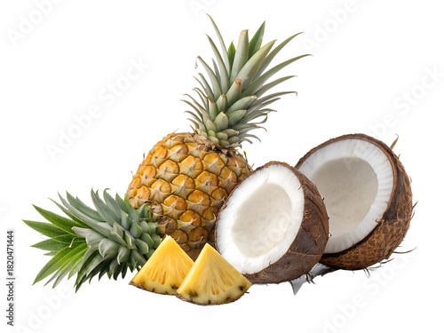 Tropical Fruit Display with Half Coconut Whole Pineapple and Slices