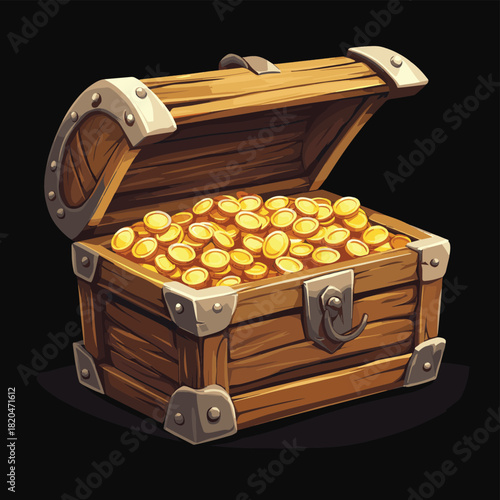 open chests cartoon. chest wooden lid closed gold coins gold pirate treasure hoard game vector illustration , vector style simple color