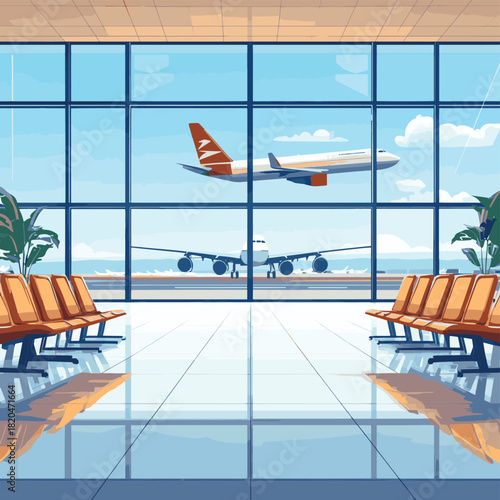 Airport interior. Empty waiting hall terminal with chairs, airplanes in window, departure lounge vector illustration  , vector style simple color