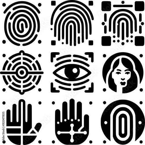 Biometric security icon set featuring fingerprints, face ID, iris scan, hand recognition, and target markers. Ideal for authentication systems, cybersecurity, digital identity, and tech design project