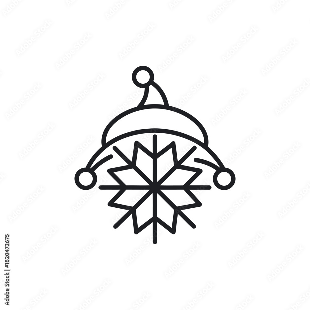 Fototapeta premium “Minimalist black line art icon where a Santa hat silhouette transforms into a snowflake at the tip, clean outline, white background.”
