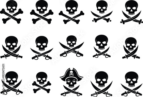 Pirate skull and crossbones vector set with crossed swords, bold black silhouette icons for adventure themes, logos, decor and designs