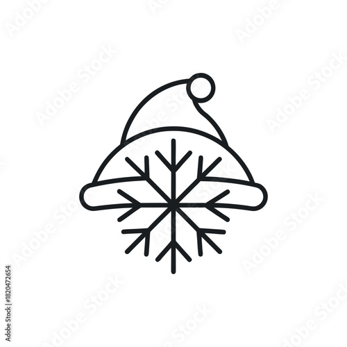 “Minimalist black line art icon where a Santa hat silhouette transforms into a snowflake at the tip, clean outline, white background.”