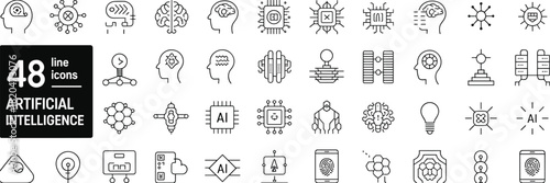 Collection of forty eight artificial intelligence line icons featuring brain, robots, neural networks, machine learning, technology symbols in minimal vector style
