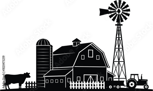 Rural farm landscape with barn, windmill, silo, tractor and cow silhouette showcasing countryside agriculture scene, rustic farming environment illustration