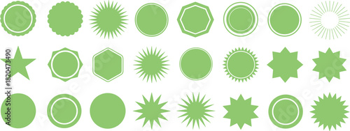 Collection of black badge and seal silhouettes featuring starburst, circular labels, geometric shapes, blank stamps and vintage emblem design elements