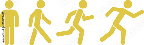 Black running sequence silhouette showing man standing, walking, jogging and sprinting motion progression, sporty human movement pictogram illustration, isolated
