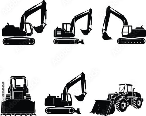 Silhouette construction machinery collection featuring excavators, bulldozer, and loader equipment for industrial engineering, heavy duty building work, roadwork, and construction projects