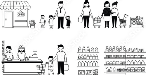 Black and white line art illustrations of families shopping and store shelves family