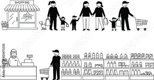 Black and white line art illustration of shopping and grocery store scenes open sign