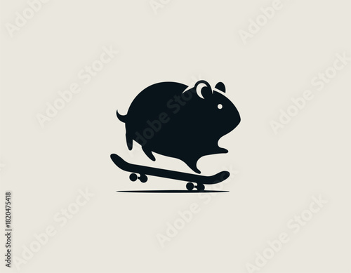 plump black rodent character energetically skateboarding with a joyful expression and a simple line art design.