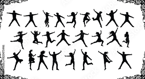 Black silhouettes of diverse people jumping and dancing against a white background with decorative borders