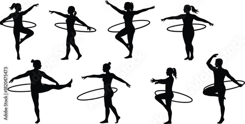 Black silhouettes of people performing hula hoop exercises and poses on white background
