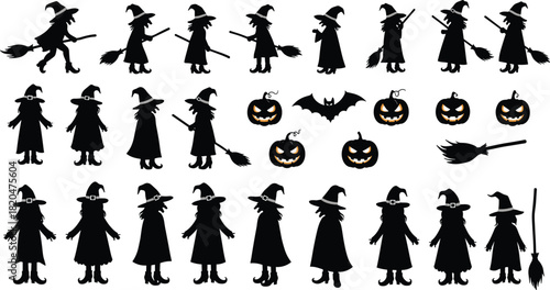 Black silhouettes of witches pumpkins bat and brooms on white background halloween
