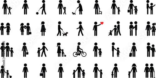 Black stick figure icons of people families and activities on white background family