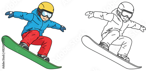 Cool cartoon boy snowboarder jumping in winter air vector illustration with black and white coloring book page outline for children educational activity and extreme sport.