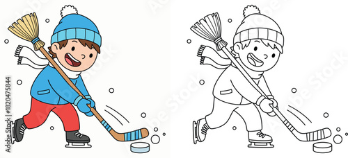 Happy cartoon boy playing ice hockey on skates with puck, vector illustration including black and white coloring page outline for children education and winter sport activity.