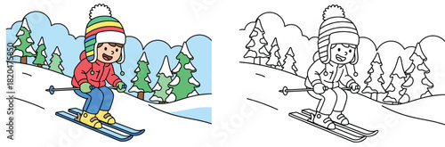 Happy cartoon boy skiing downhill in winter forest vector illustration featuring black and white coloring book page outline for children educational activity and sport.